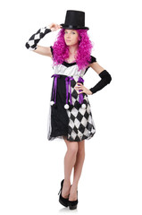 Pretty girl in jester costume isolated on white