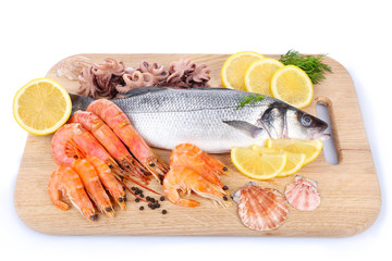 Fresh zander fish on wooden cutting board isolated on white