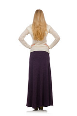 Naklejka premium Pretty girl in violet long dress isolated on white