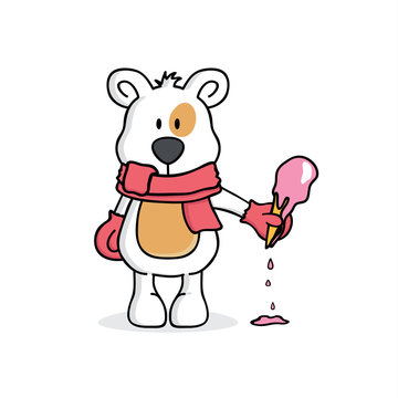 Winter bear with scarf and gloves holding ice cream