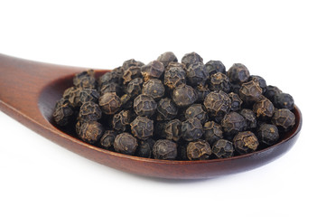Black pepper seeds in wooden spoon