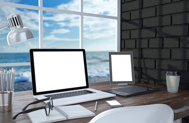 Fototapeta premium 3D illustration laptopand work stuff on table near brick wall