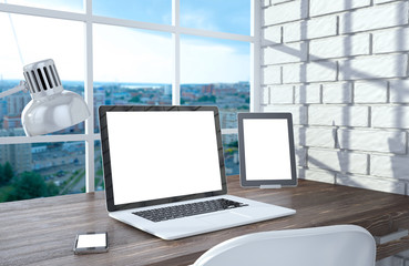 3D illustration laptopand work stuff on table near brick wall