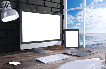 Fototapeta premium 3D illustration PC screen on table in office, Workspace