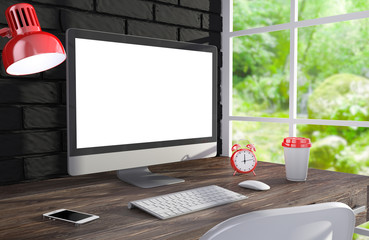 Fototapeta premium 3D illustration PC screen on table in office, Workspace
