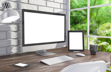 Fototapeta premium 3D illustration PC screen on table in office, Workspace