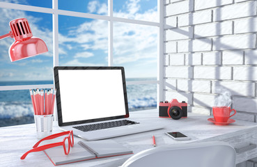 3D illustration laptopand work stuff on table near brick wall