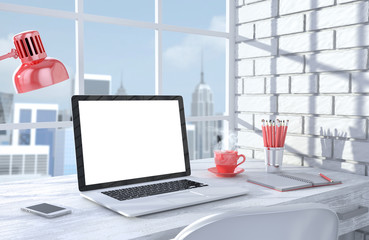 3D illustration laptopand work stuff on table near brick wall