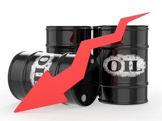 Oil Barrels with Red Arrow down. Financial crisis