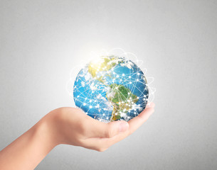 Globe ,earth in human hand, hand holding our planet earth glowing,social buttons,Elements of this image furnished by NASA with path