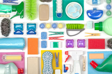 Fototapeta premium cleaning supplies on white background 