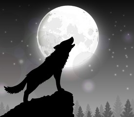 Naklejka premium Sylwetka wilka stojącego na wzgórzu w nocy z księżycem