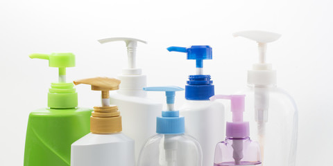 Close up Plastic bottle of skin care product on white background