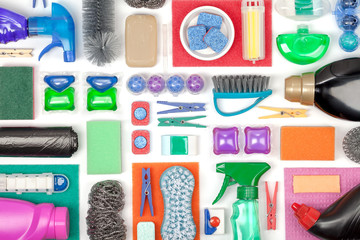 cleaning supplies on white background 