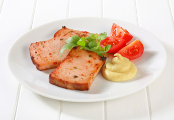 Pan-fried Leberkase with mustard