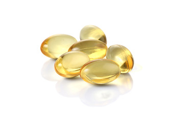Cod liver oil omega 3 gel capsules isolated on white background