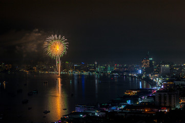 Night view and fireworks at Pattaya city, Thailand