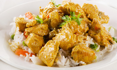 Curry and rice on a white plate.