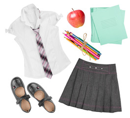 School female uniform clothing elements isolated on white background