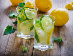 Lemon water with fresh lemons and mint.