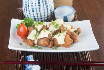 japanese cuisine. fried chicken on the background