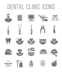 Set of modern flat silhouette vector conceptual icons of dental clinic services, stomatology, dentistry, orthodontics, oral health care and hygiene, tooth restoration, dental instruments and tools