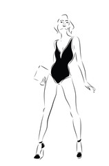 Beautiful Model Woman in Black Swimsuit
