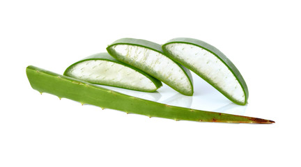 portion cut fresh aloe vera leaf on white background
