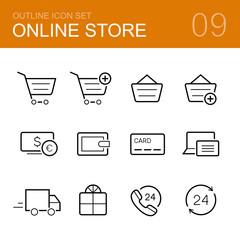 Online store vector outline icon set - cart, delivery, wallet, card, cash, gift, phone and notebook