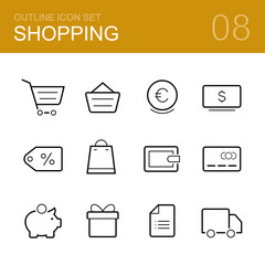 Shopping vector outline icon set - cart, delivery, wallet, card, money box, cash, sale, gift and shopping list