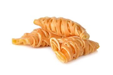 pancake roll with vanilla cream on white background