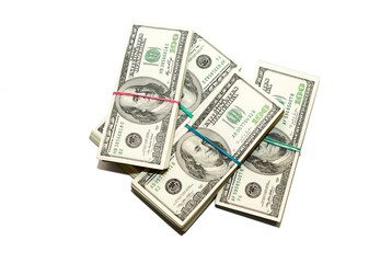 Bundles of US dollars banknotes on a white background