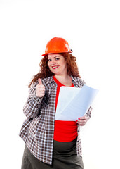 the fat woman in an elegant building headdress depicts different emotions with specific goals isolated on the white background. The woman holding a sheet or project.