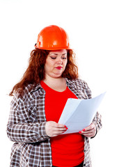 the fat woman in an elegant building headdress depicts different emotions with specific goals isolated on the white background. The woman holding a sheet or project.