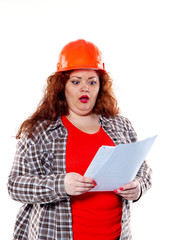 the fat woman in an elegant building headdress depicts different emotions with specific goals isolated on the white background. The woman holding a sheet or project.