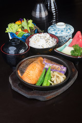 japanese cuisine. hot plate fish on the background