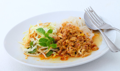 vietnamese food,Noodles with vegetables,pok and pair of chopstic