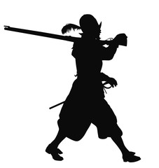 Conquistador with rifle marching. Vector silhouette - 87975452