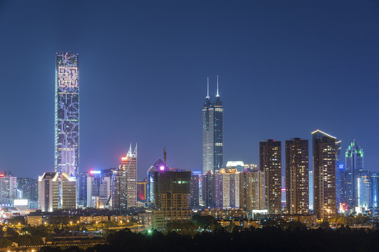 Skyline of Shenzhen City, China at twilight. Viewed from Hong Ko