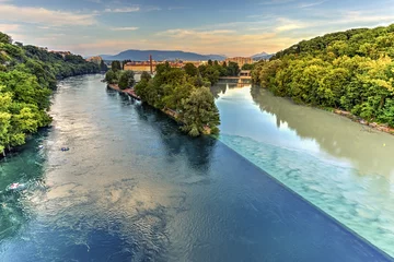 Foto op Plexiglas Rhône en Arve rivier samenvloeiing, Genève, Zwitserland, HDR © Elenarts