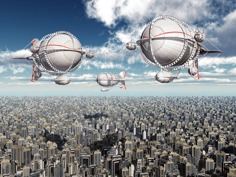 Fantasy airships over a megacity