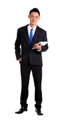 Happy Young Businessman Using Digital Tablet Isolated On White B