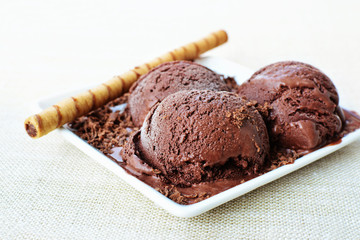 Chocolate icecream closeup on white porcelain dish