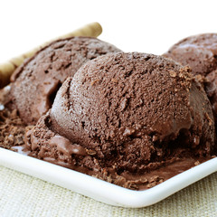 Chocolate icecream closeup on white porcelain dish