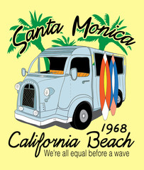 vector surf van,Van Surf Illustration, t-shirt graphics,car vector,Surf Santa Monica typography,T-shirt graphics for textiles
