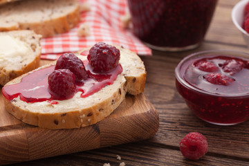 overhead view on healthy breakfast with strawberry jam
