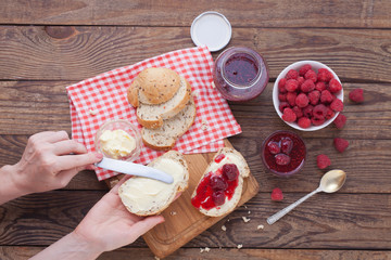 overhead view on healthy breakfast with strawberry jam