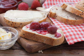 overhead view on healthy breakfast with strawberry jam