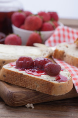 overhead view on healthy breakfast with strawberry jam