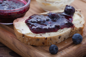 Overhead view on healthy breakfast with strawberry jam